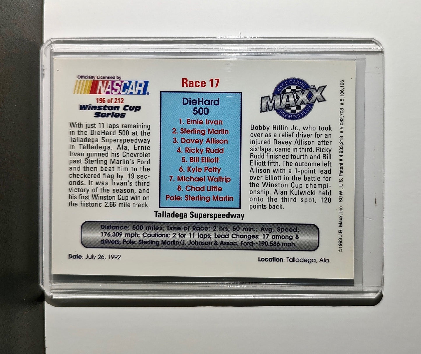 Race 17 Talladega YR 1993 Maxx Premier Plus Racing #196 NASCAR Card