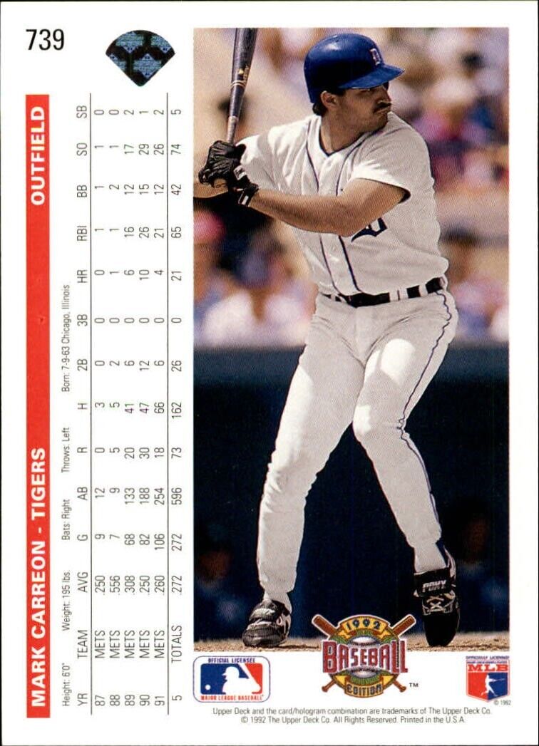 Mark Carreon 1992 Upper Deck MLB #739 Baseball Card Detroit Tigers