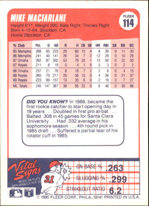 1990 Mike Macfarlane Fleer Baseball Card #114