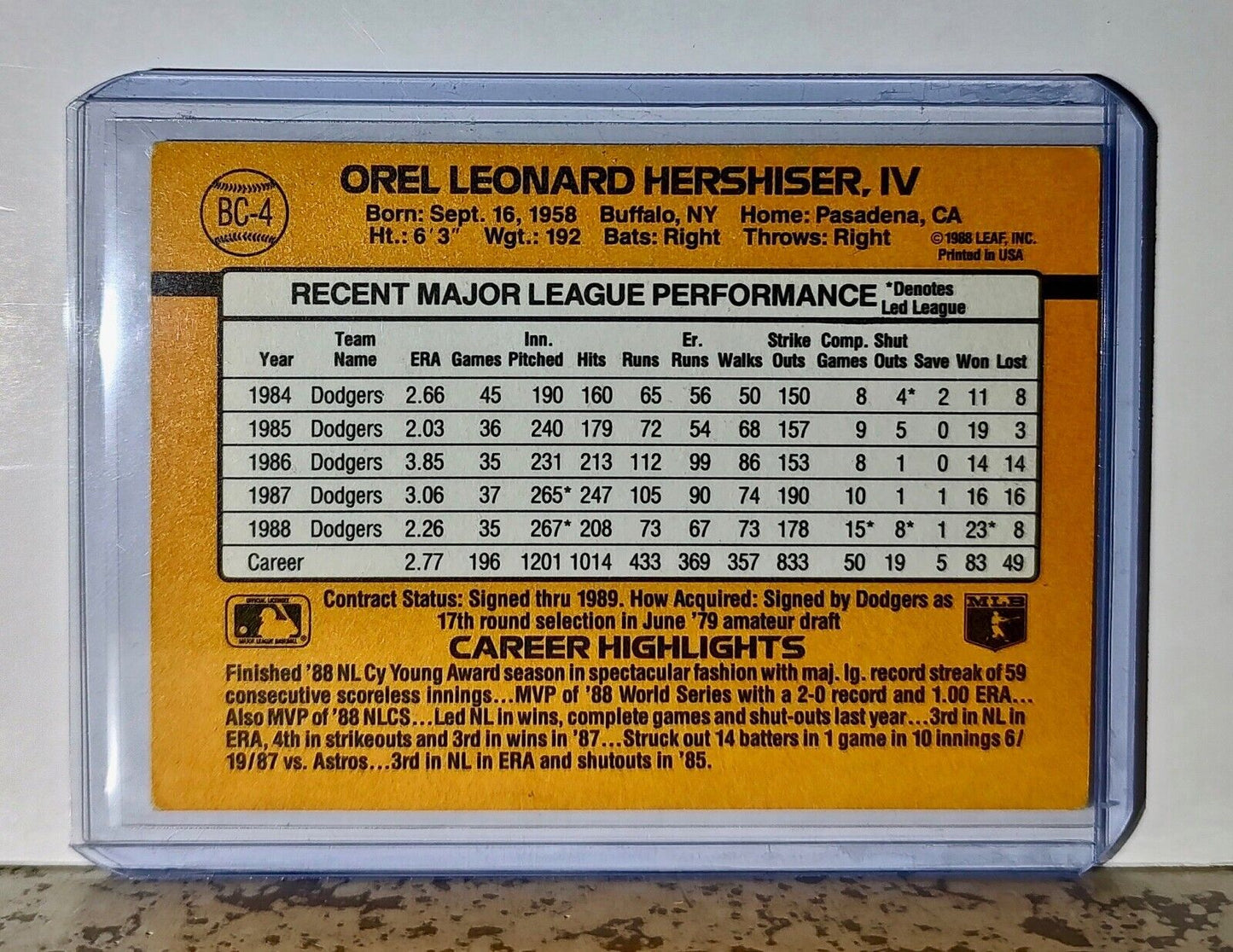 Orel Hershiser 1989 Donruss MLB #BC-4 MVP Baseball Card Los Angeles Dodgers