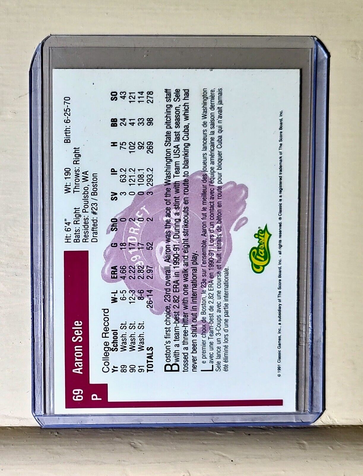 Aaron Sele 1991 Classic MLB #69 Baseball Card