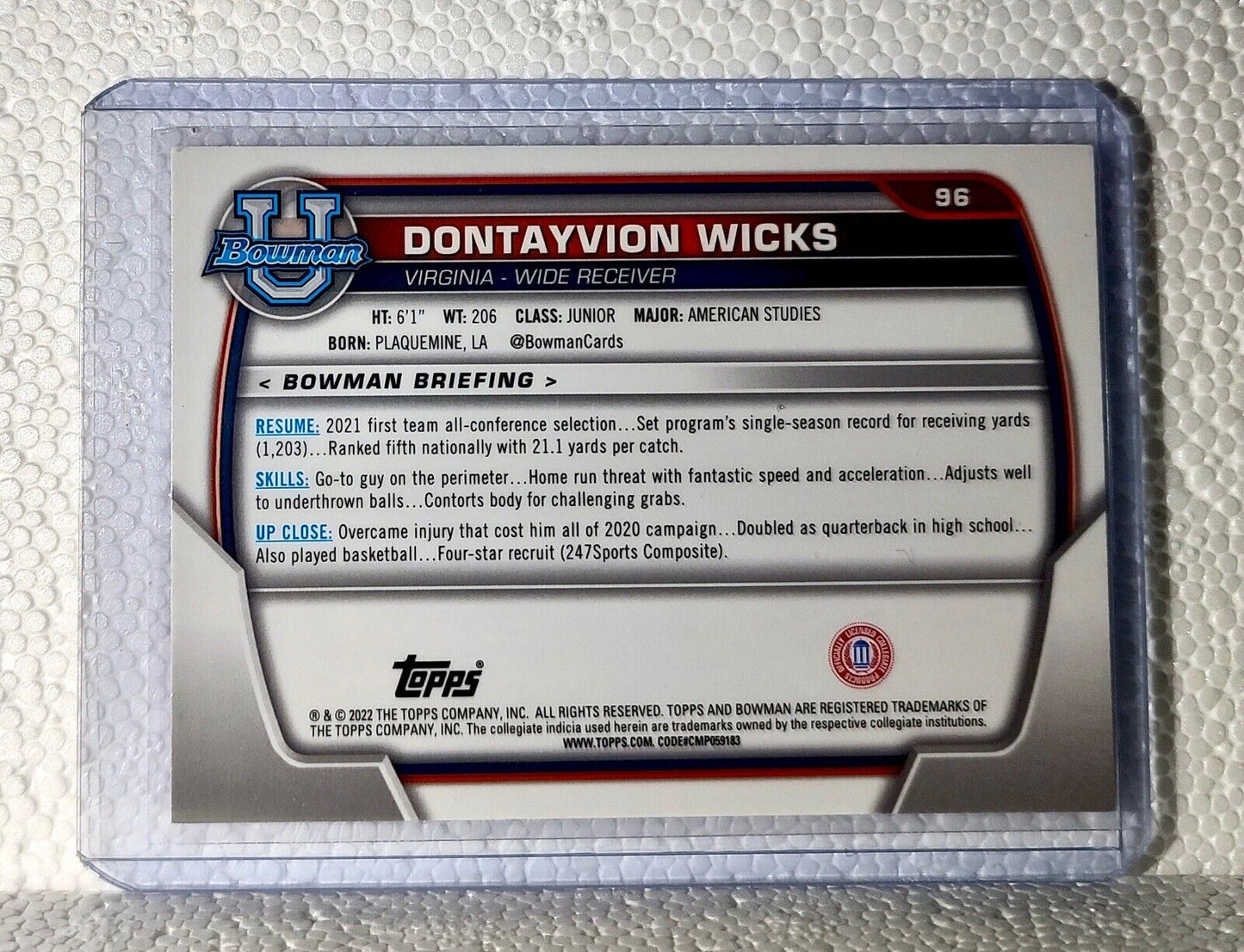 Dontayvion Wicks 2022 Topps 1st Bowman U Pink Refractor #96 Card Virginia