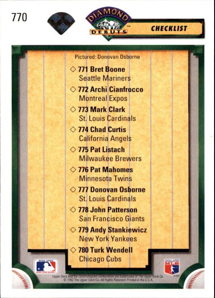 Donovan Osborne 1992 Upper Deck MLB #770 Diamond Debuts Checklist Card Cardinals
