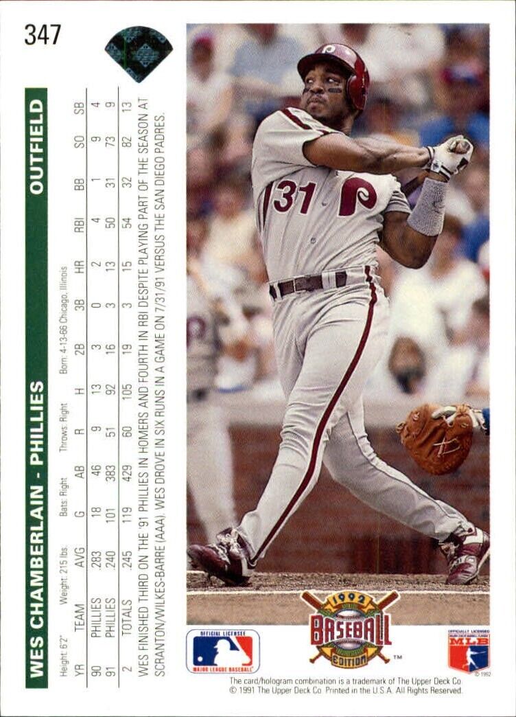 Wes Chamberlain 1992 Upper Deck MLB #347 Baseball Card Philadelphia Phillies