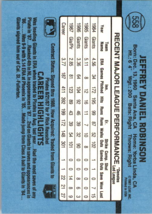 1988 Jeff Robinson Donruss Baseball Card #558