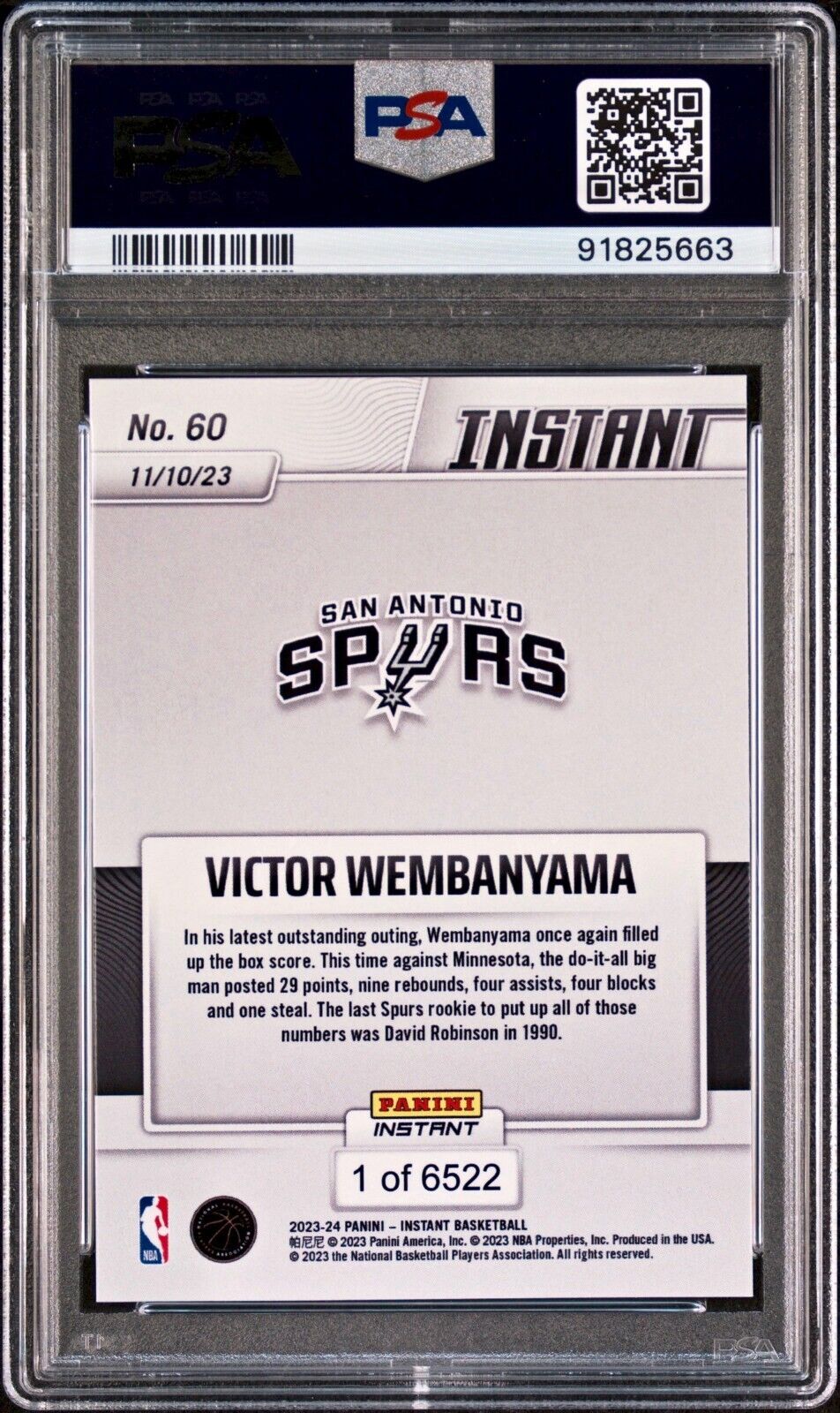Victor Wembanyama 2023-24 Panini #60 NBA Rookie Card Spurs 1 of 6522 PSA 9 Mint