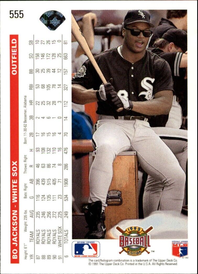 Bo Jackson 1992 Upper Deck MLB #555 Baseball Card Chicago White Sox