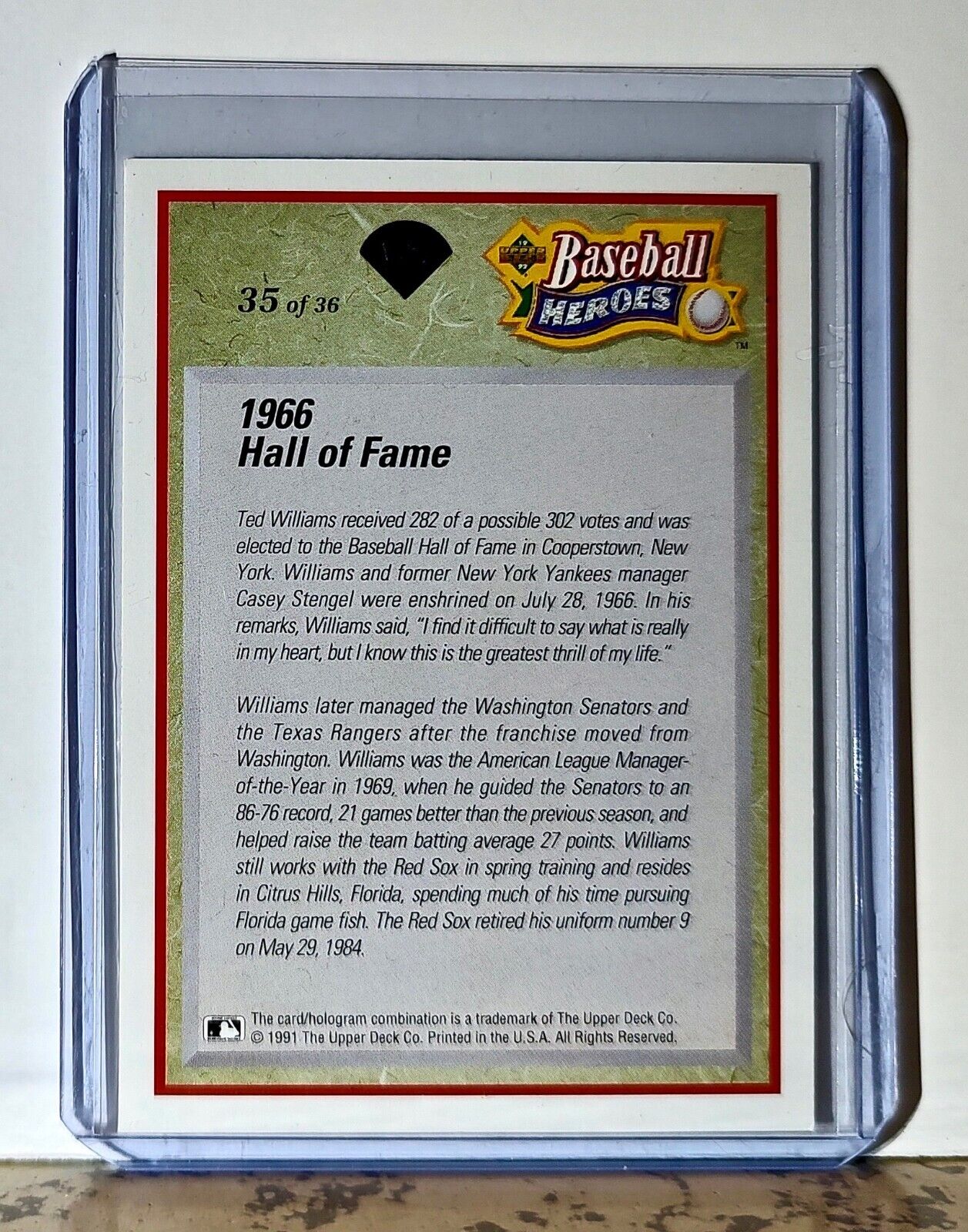 Ted Williams 1992 Upper Deck Baseball Heroes MLB #35 Card Boston Red Sox