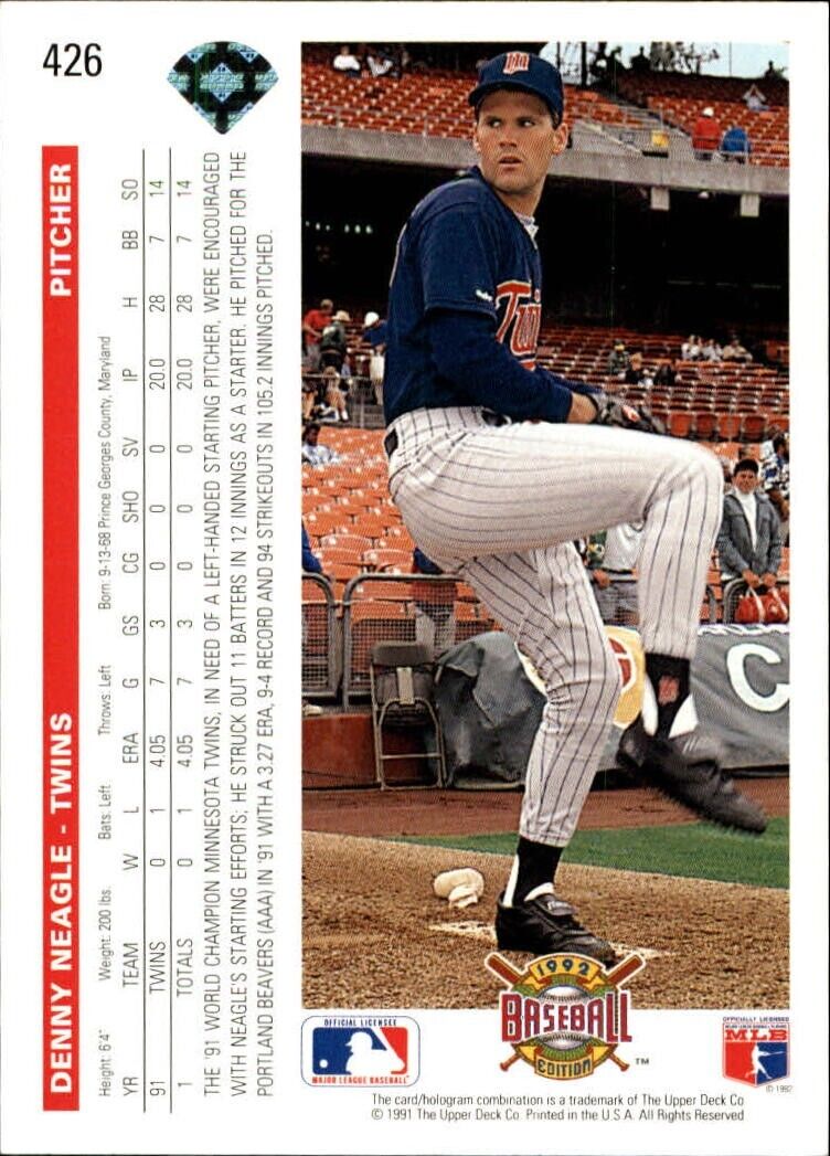 Denny Neagle 1992 Upper Deck MLB #426 Baseball Card Minnesota Twins