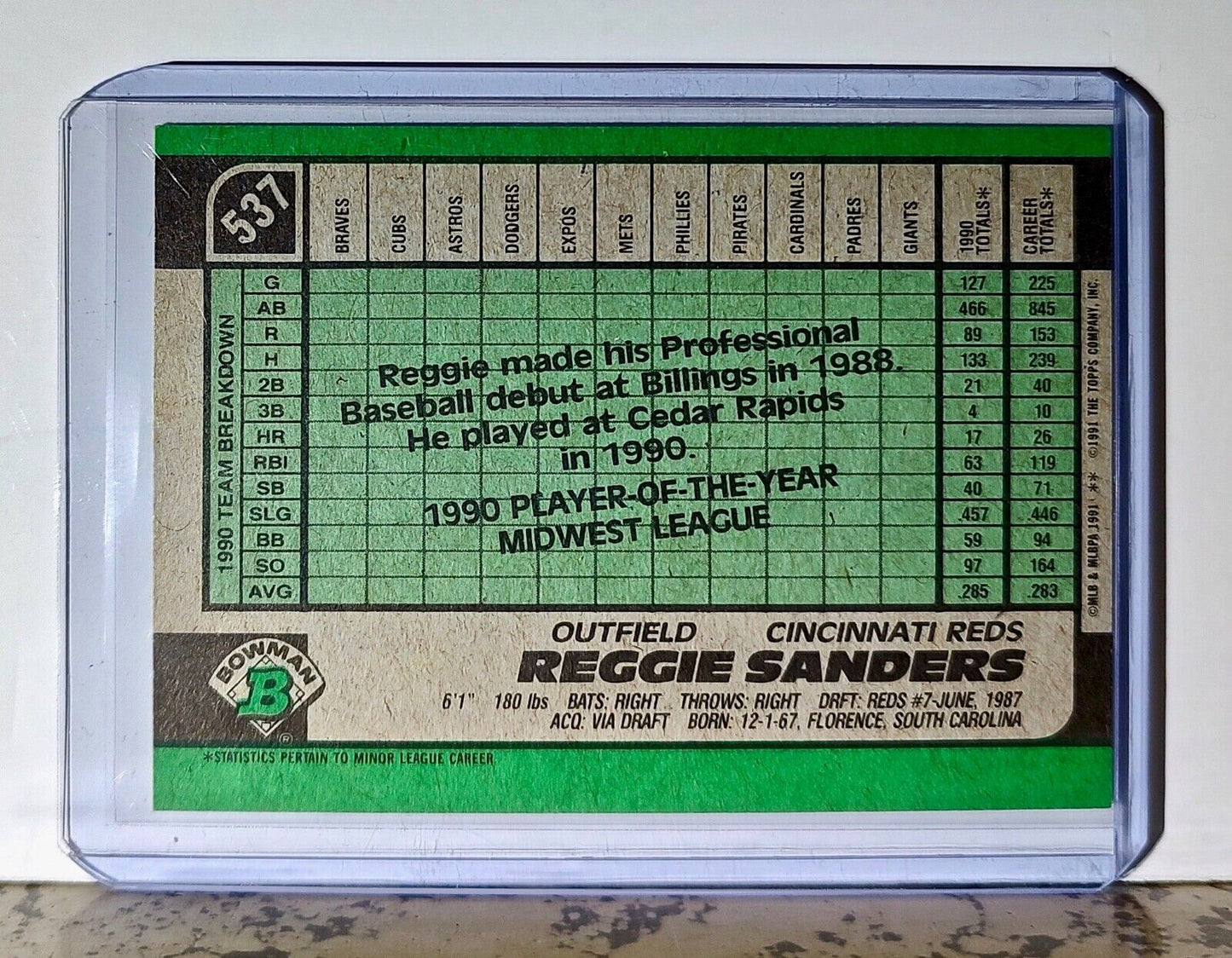 Reggie Sanders 1991 Topps Bowman MVP MLB #537 Baseball Card Cincinnati Reds