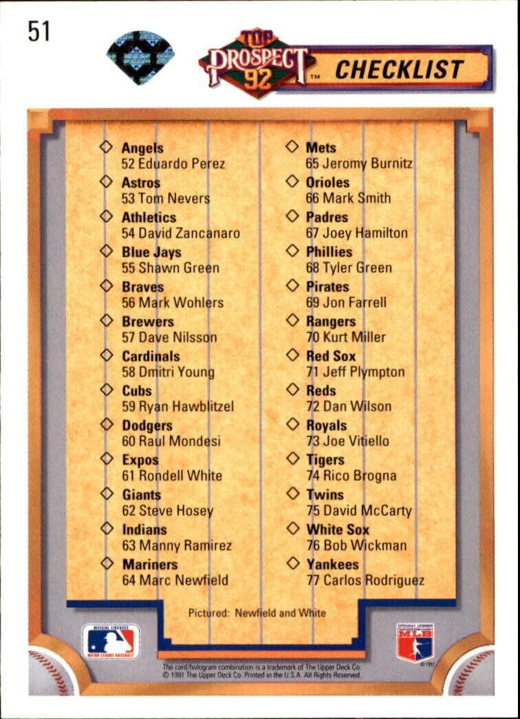 Rondell White / Marc Newfield 1992 Upper Deck MLB #51 Checklist Card Expos