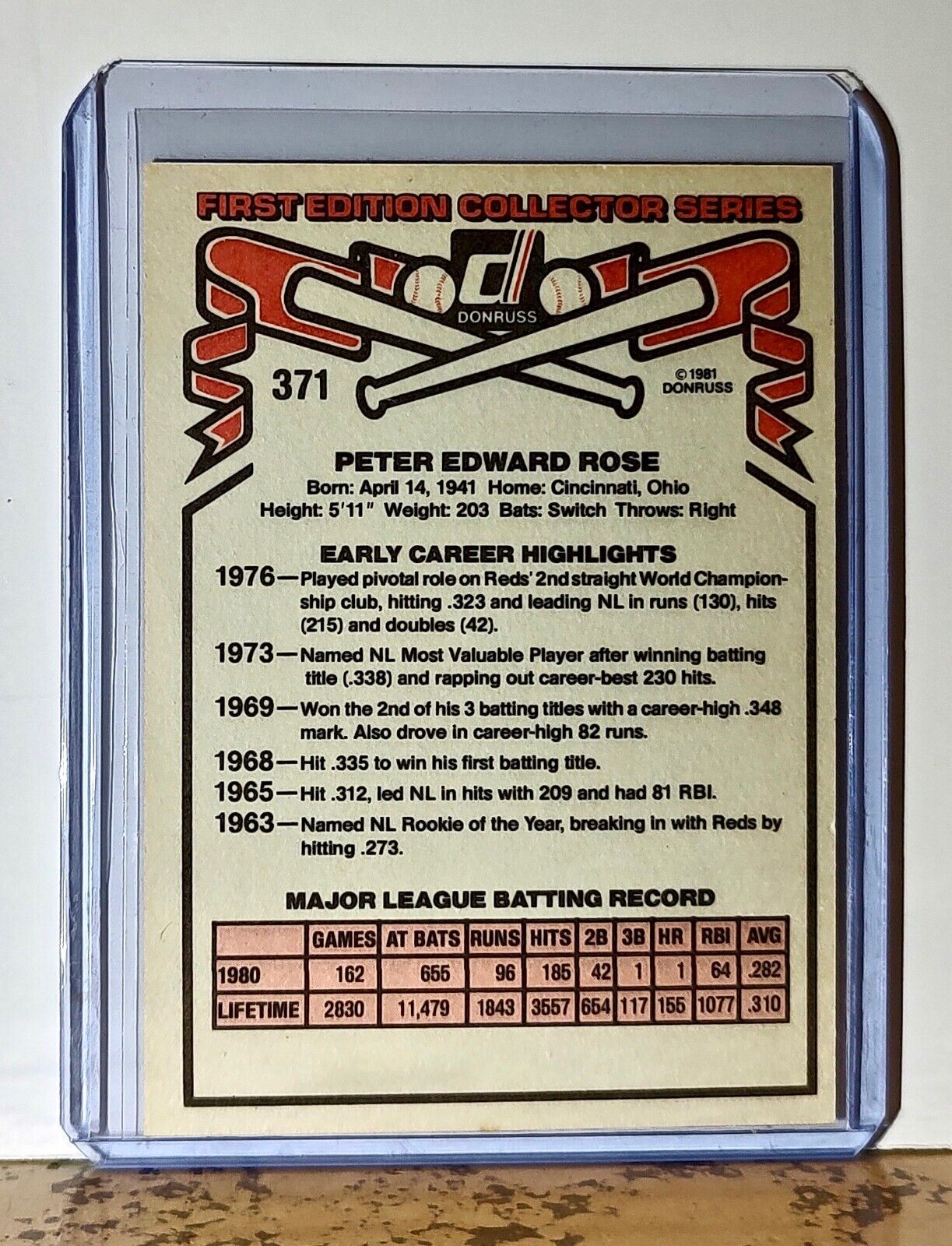 Pete Rose 1981 Donruss First Edition Collector Series MLB #371 Card Phillies