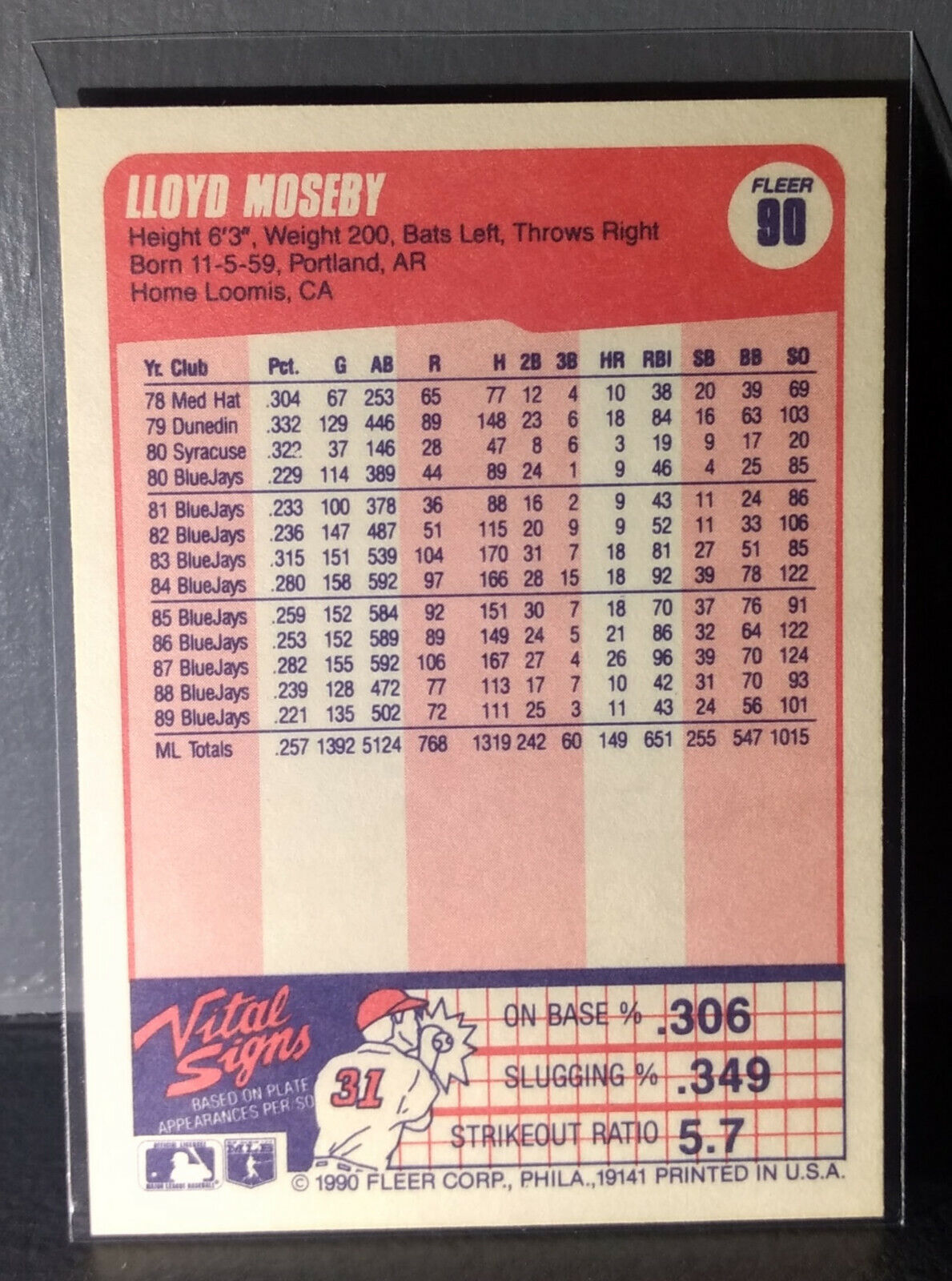 1990 Lloyd Moseby Fleer Baseball Card #90