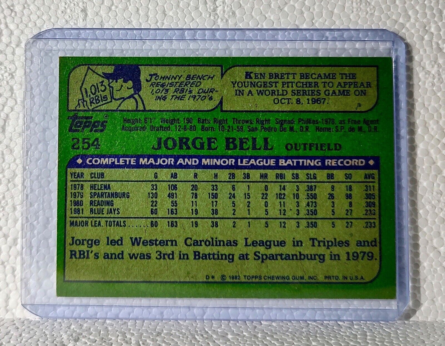 Jorge Bell 1982 Topps MLB #254 Baseball Card Toronto Blue Jays