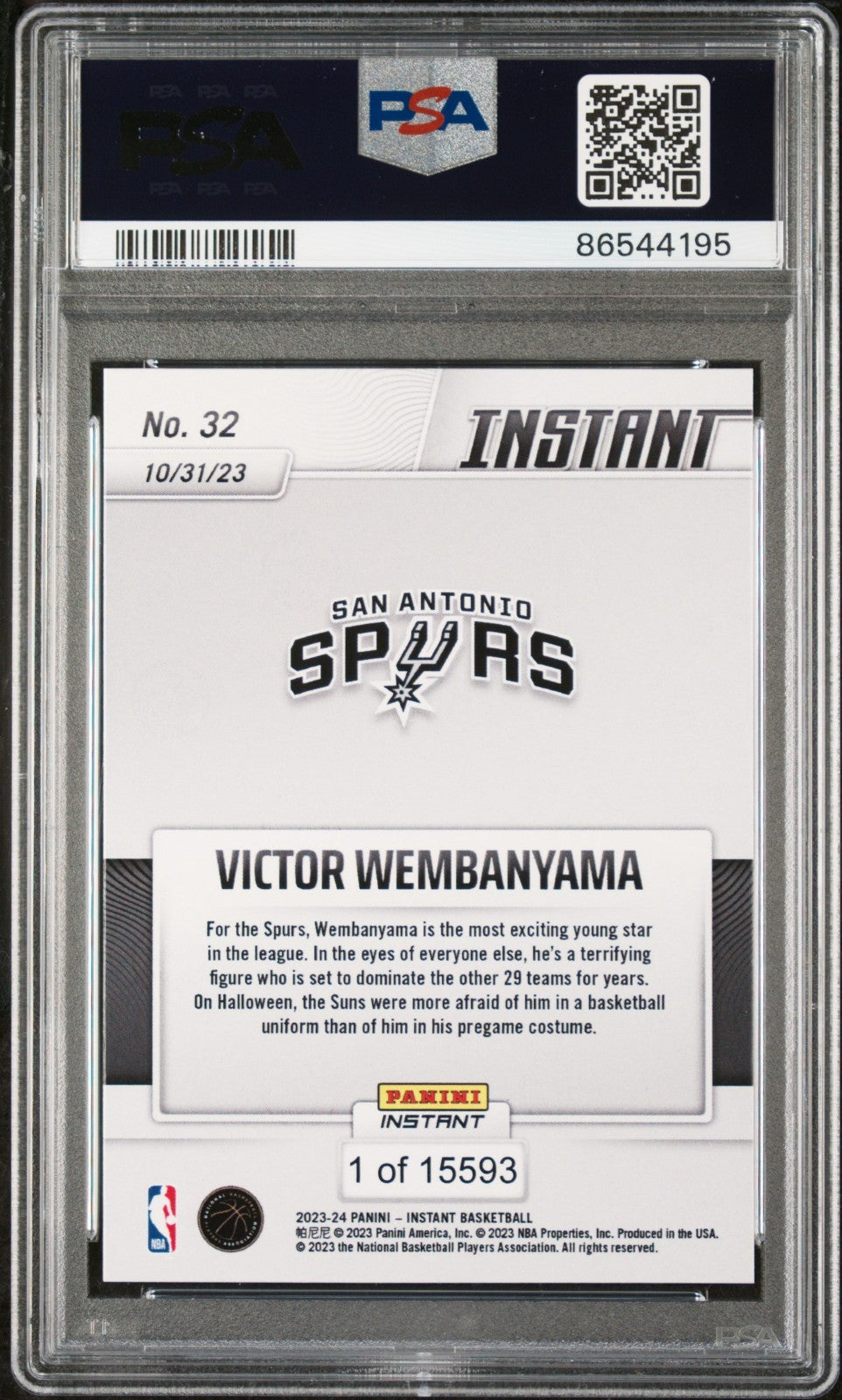 Victor Wembanyama 2023-24 Panini #32 NBA Rookie Card Spurs 1 of 15593 PSA 10 Gem