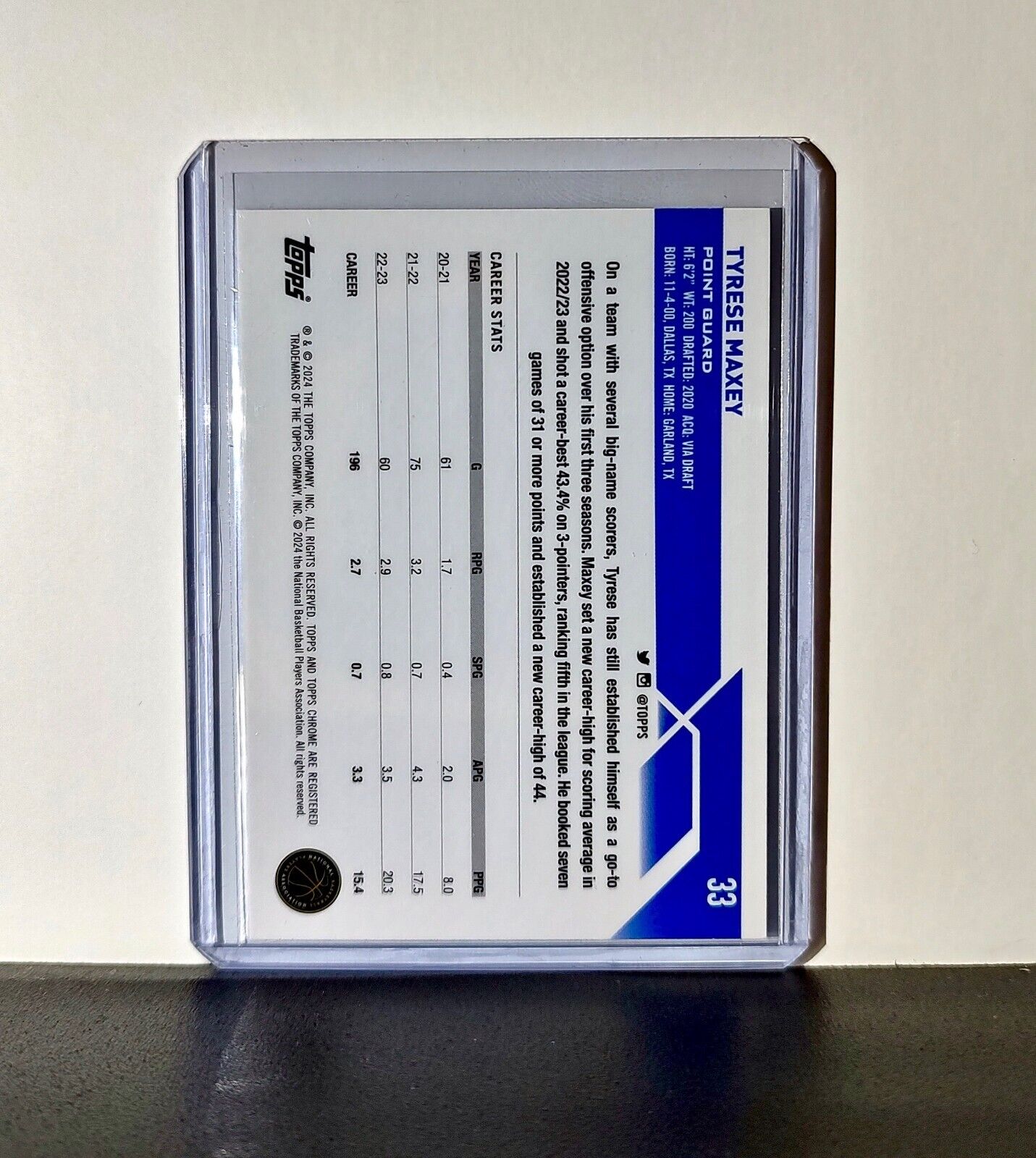 Tyrese Maxey 2023-24 Topps Chrome NBA #33 Blue Refractor Card Philadelphia 76ers