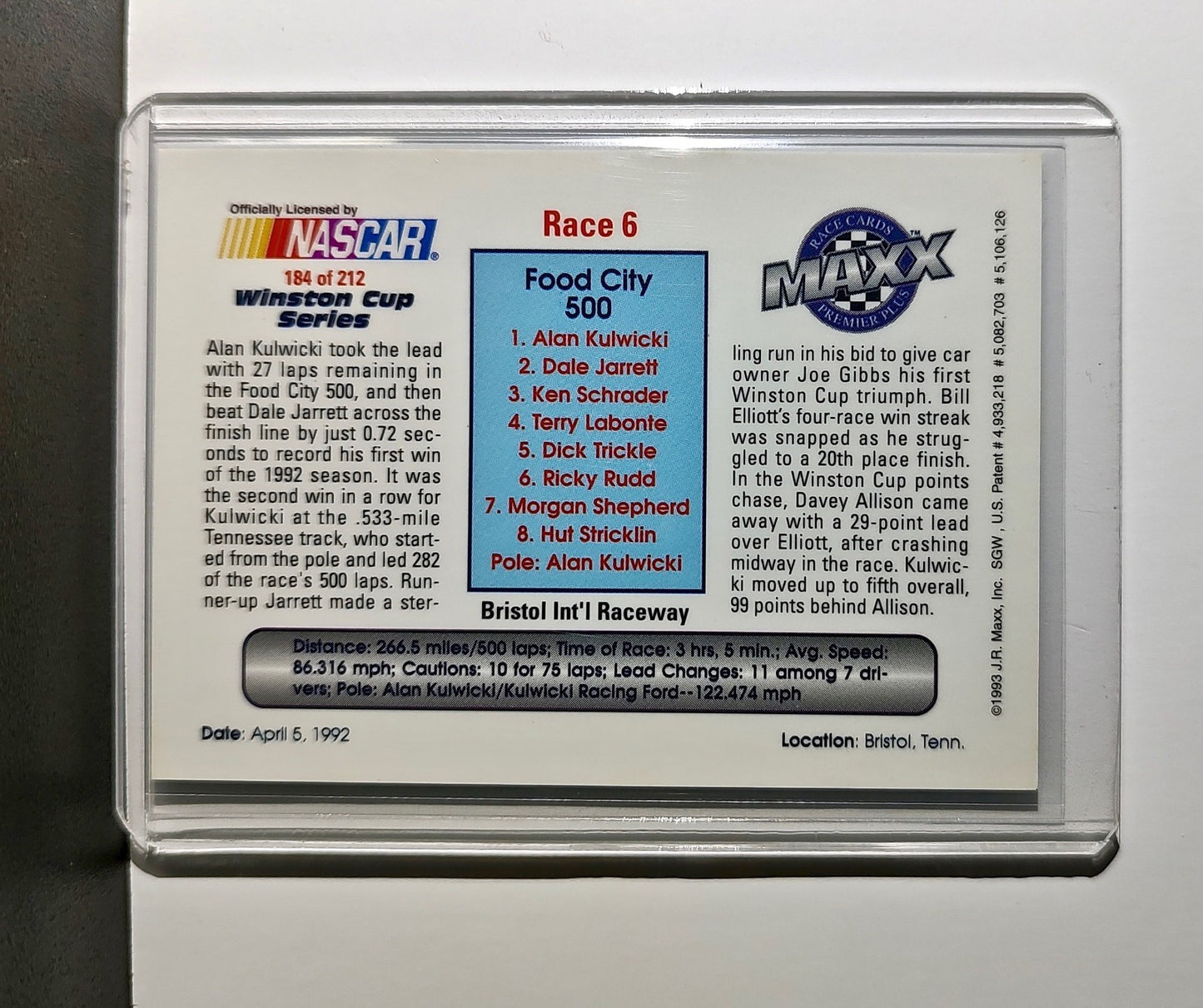 Race 6 Bristol YR 1993 Maxx Premier Plus Racing #184 NASCAR Card AK Racing