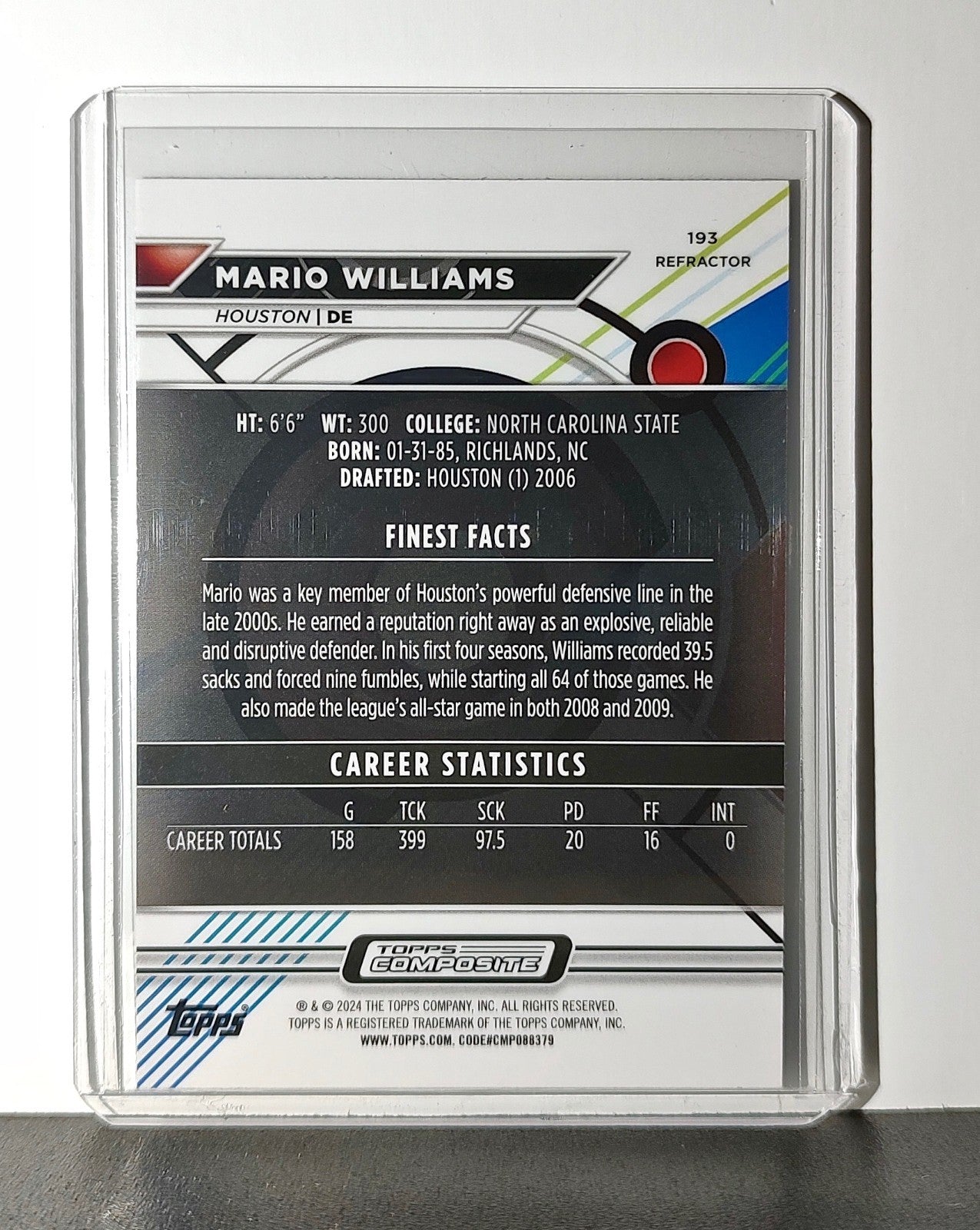 Mario Williams 2023 Topps Finest Refractor NFL #193 Football Card Houston Texans