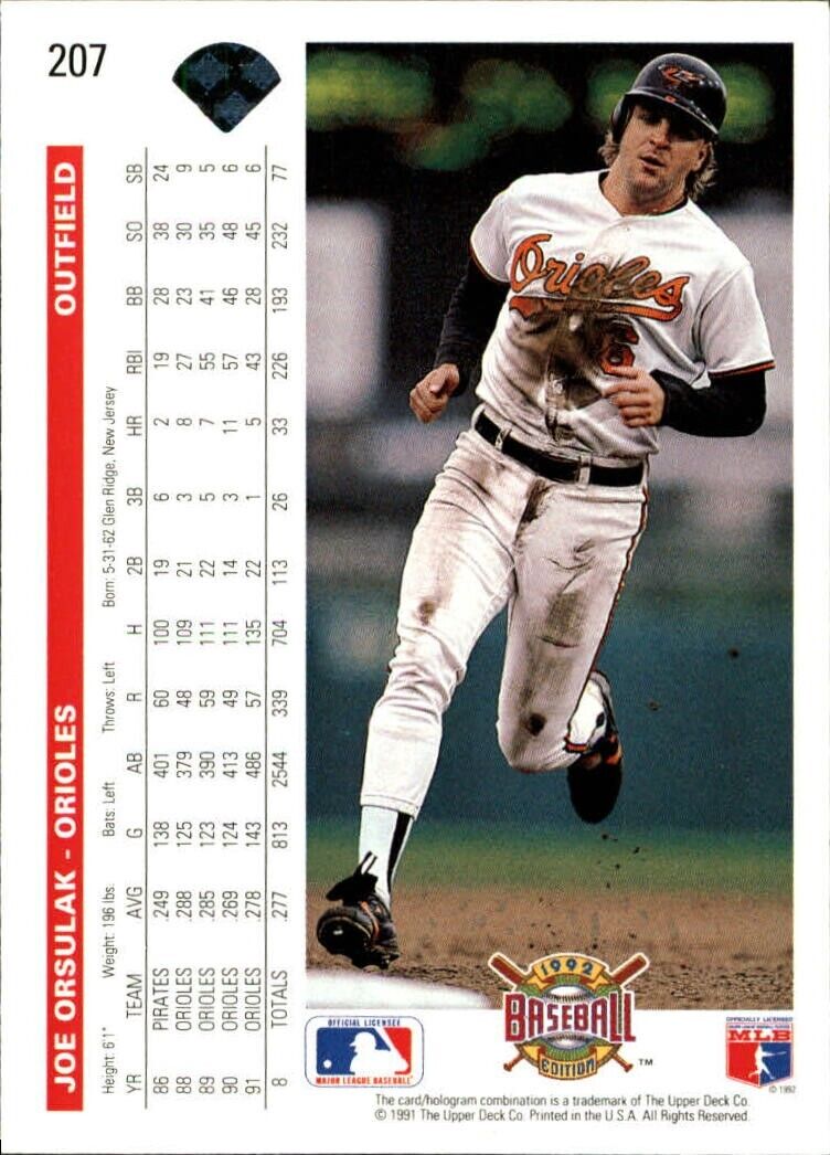 Joe Orsulak 1992 Upper Deck MLB #207 Baseball Card Baltimore Orioles