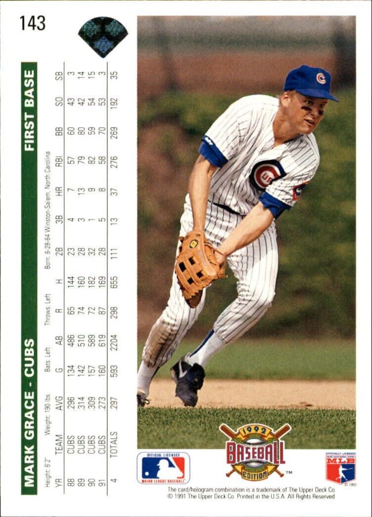 Mark Grace 1992 Upper Deck MLB #143 Baseball Card Chicago Cubs