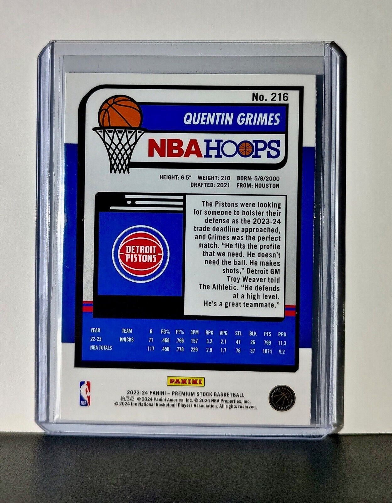 Quentin Grimes 2023-24 Panini Premium Stock NBA Hoops #216 Card Detroit Pistons