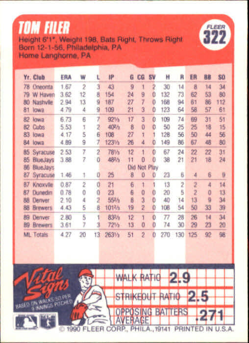 1990 Tom Filer Fleer Baseball Card #322