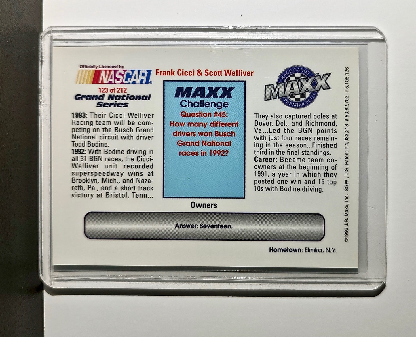 Frank Cicci / Scott Welliver 1993 Maxx Premier Plus Racing #123 NASCAR Card