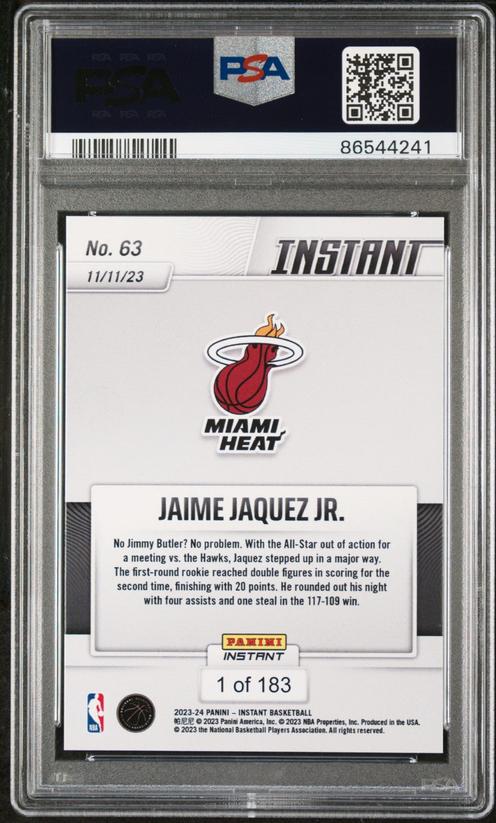 Jaime Jaquez Jr. 2023-24 Panini #63 NBA Rookie Card 1 of 183 PSA 10 Gem Mint
