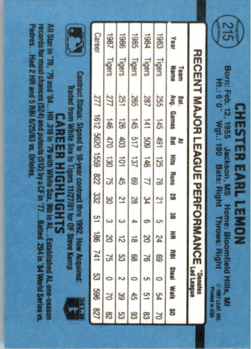 1988 Chet Lemon Donruss Baseball Card #215