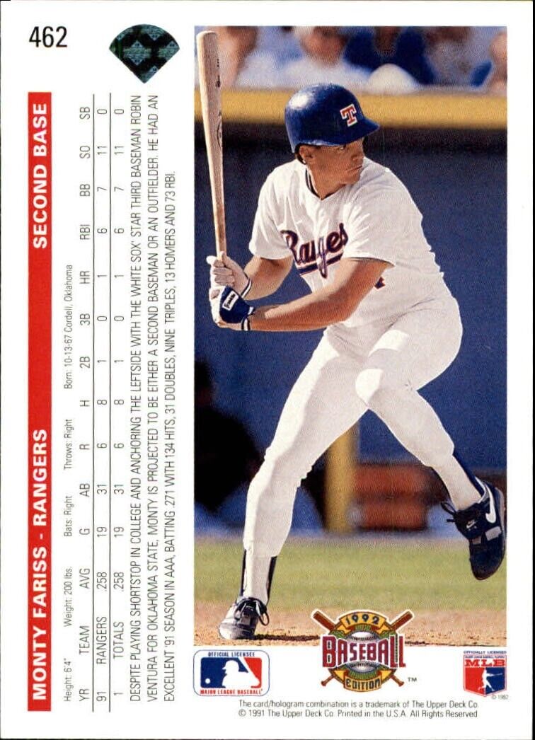 Monty Fariss 1992 Upper Deck MLB #462 Baseball Card Texas Rangers