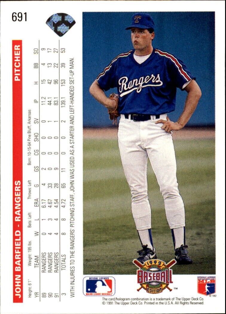 John Barfield 1992 Upper Deck MLB #691 Baseball Card Texas Rangers