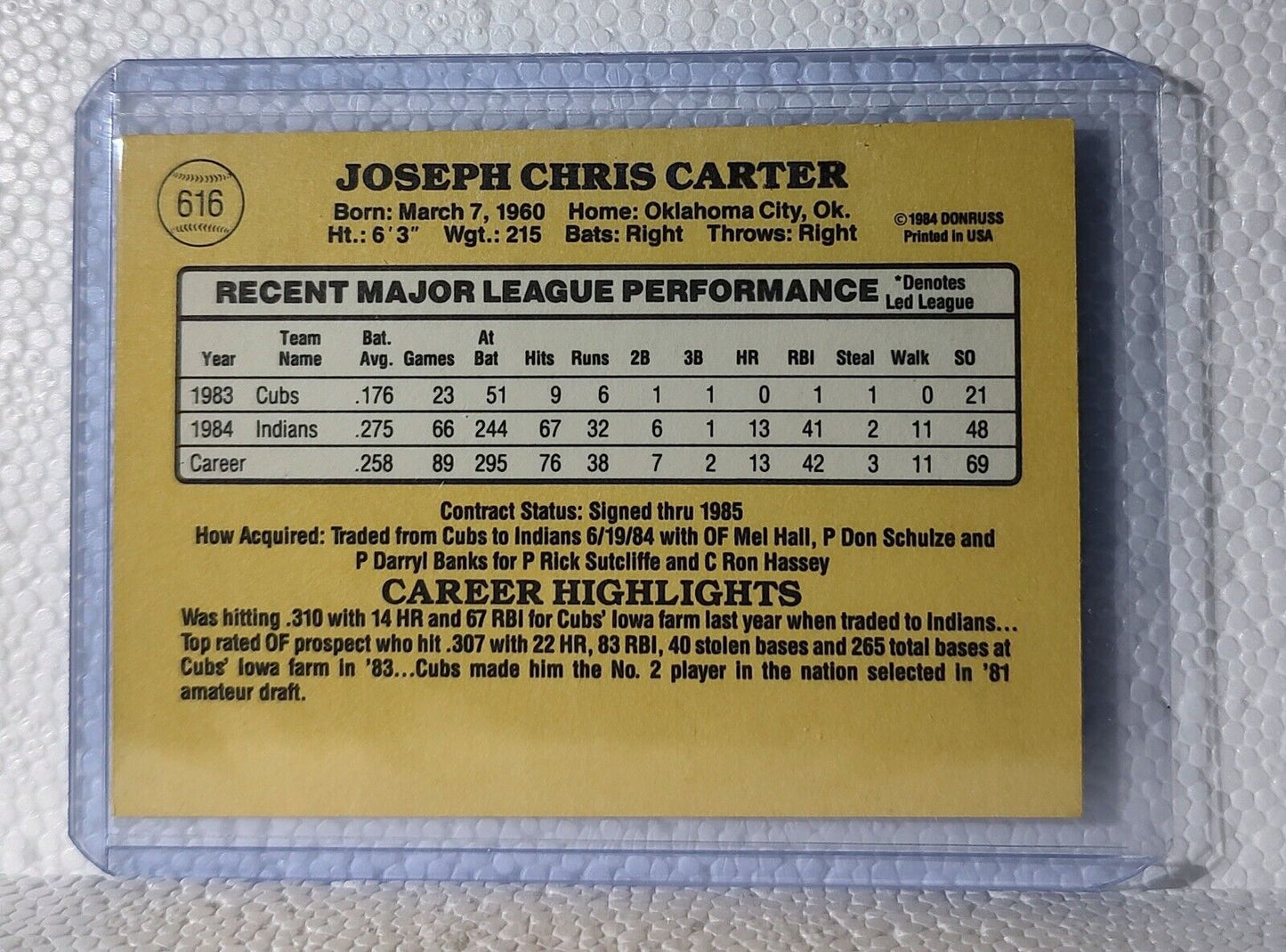Joe Carter 1985 Donruss MLB #616 Baseball Card Cleveland Indians