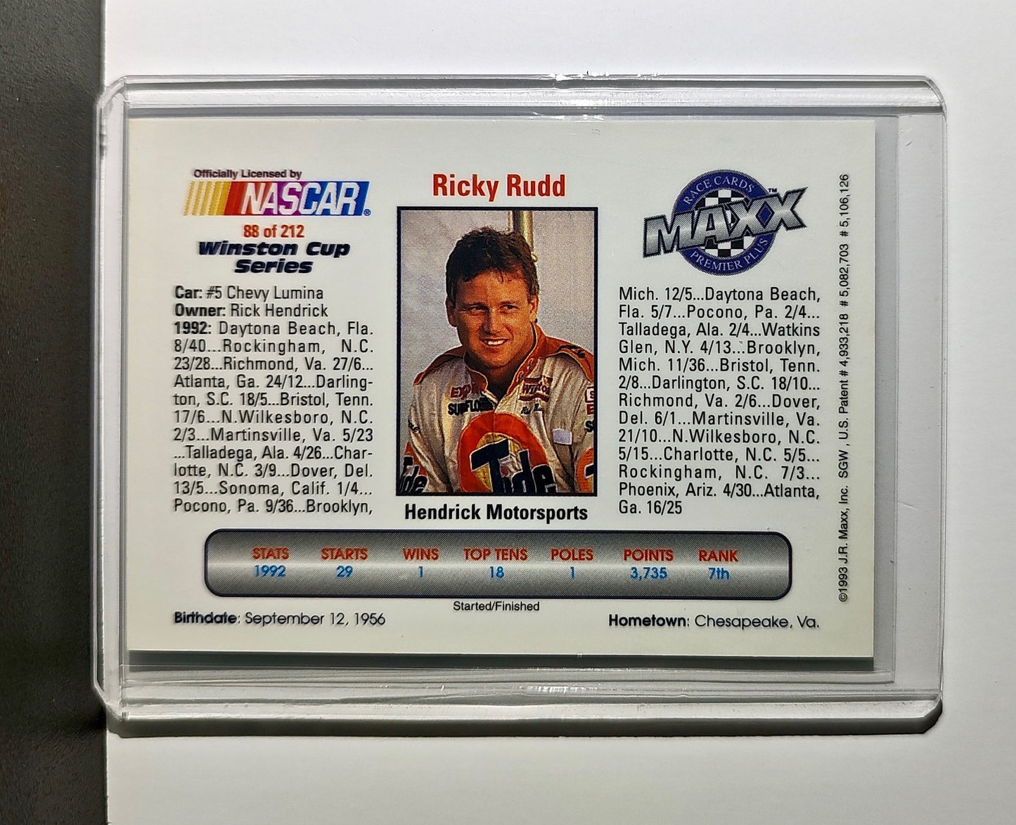 Ricky Rudd 1993 Maxx Premier Plus Racing #88 NASCAR Card Hendrick Motorsports