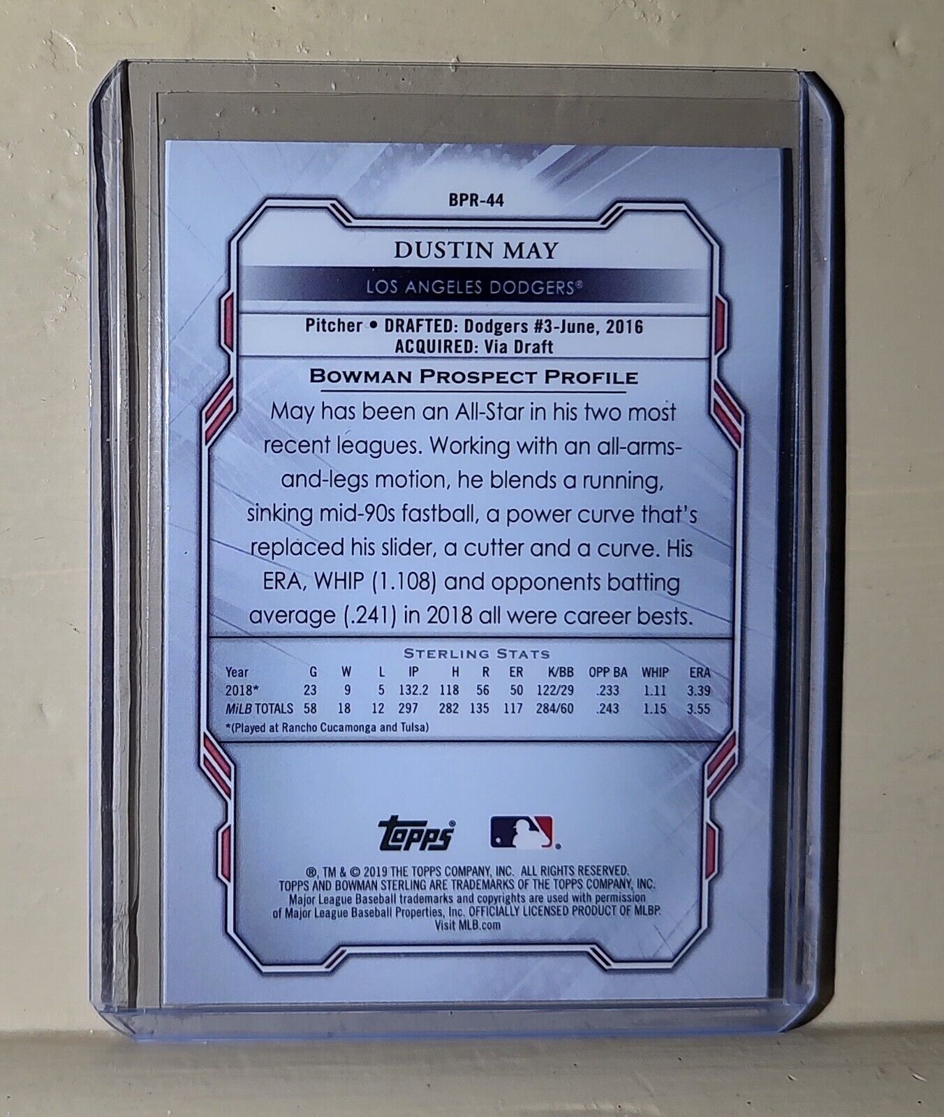 Dustin May 2019 Topps Bowman Sterling MLB #44 Baseball Card Los Angeles Dodgers