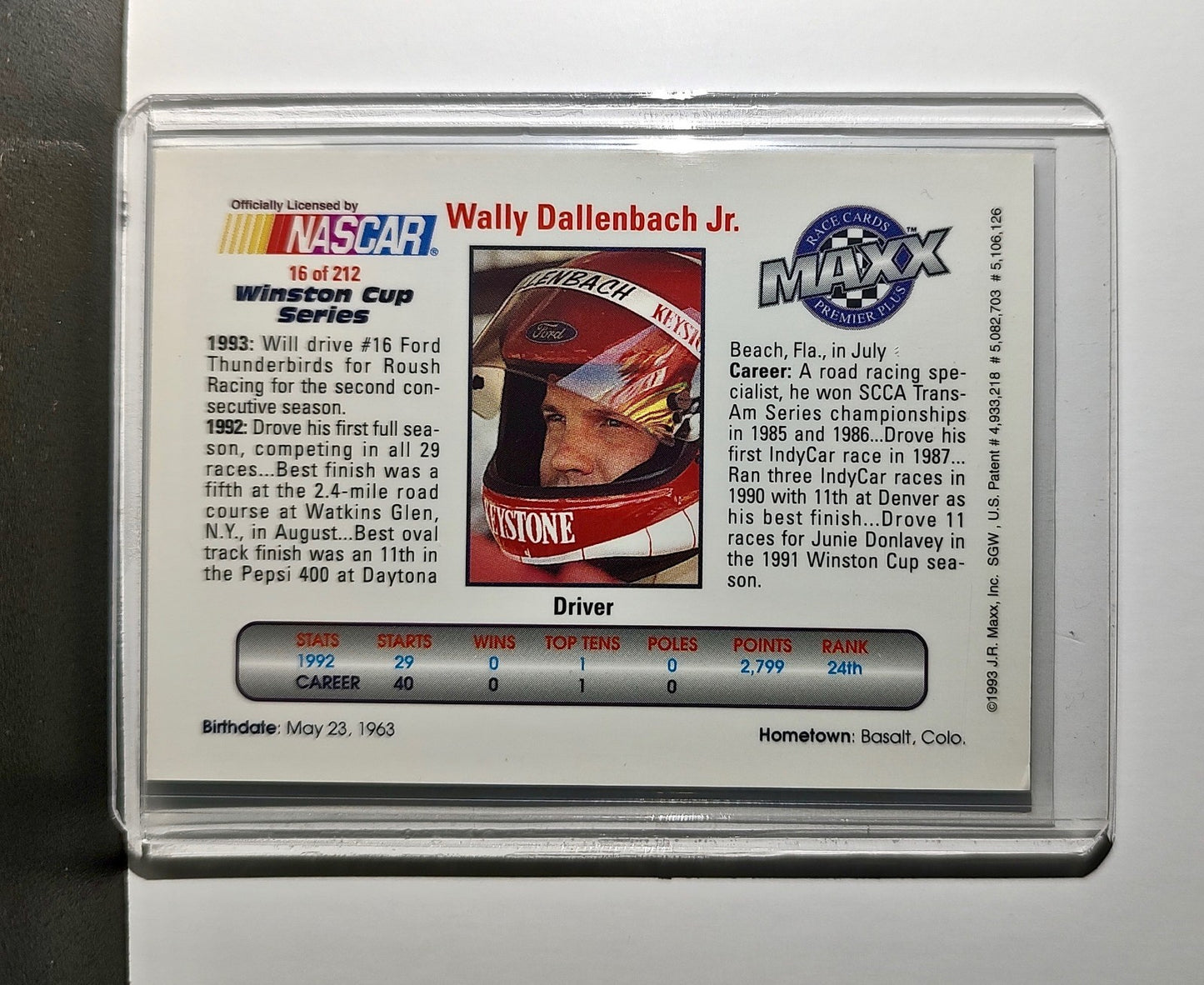 Wally Dallenbach Jr. 1993 Maxx Premier Plus Racing #16 NASCAR Card Roush Racing