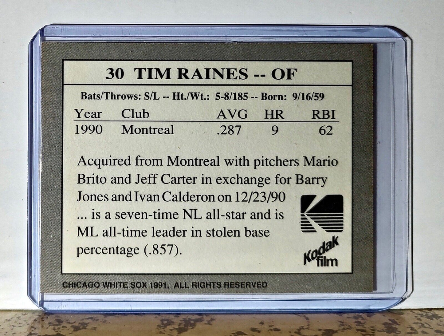 Tim Raines 1991 Kodak Film MLB #30 Baseball Card Chicago White Sox