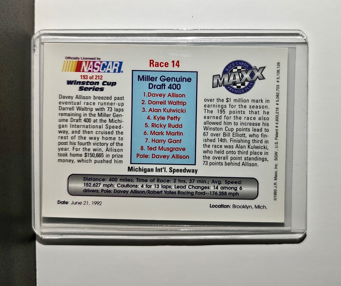 Race 14 Michigan YR 1993 Maxx Premier Plus Racing #193 NASCAR Card Robert Yates