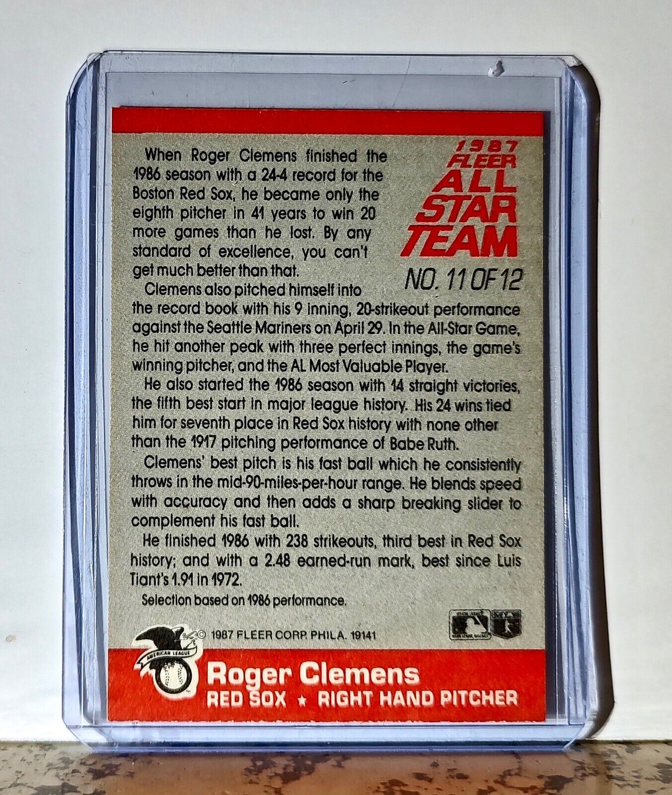 Roger Clemens 1987 Fleer All-Star Team MLB #11 Baseball Card Boston Red Sox
