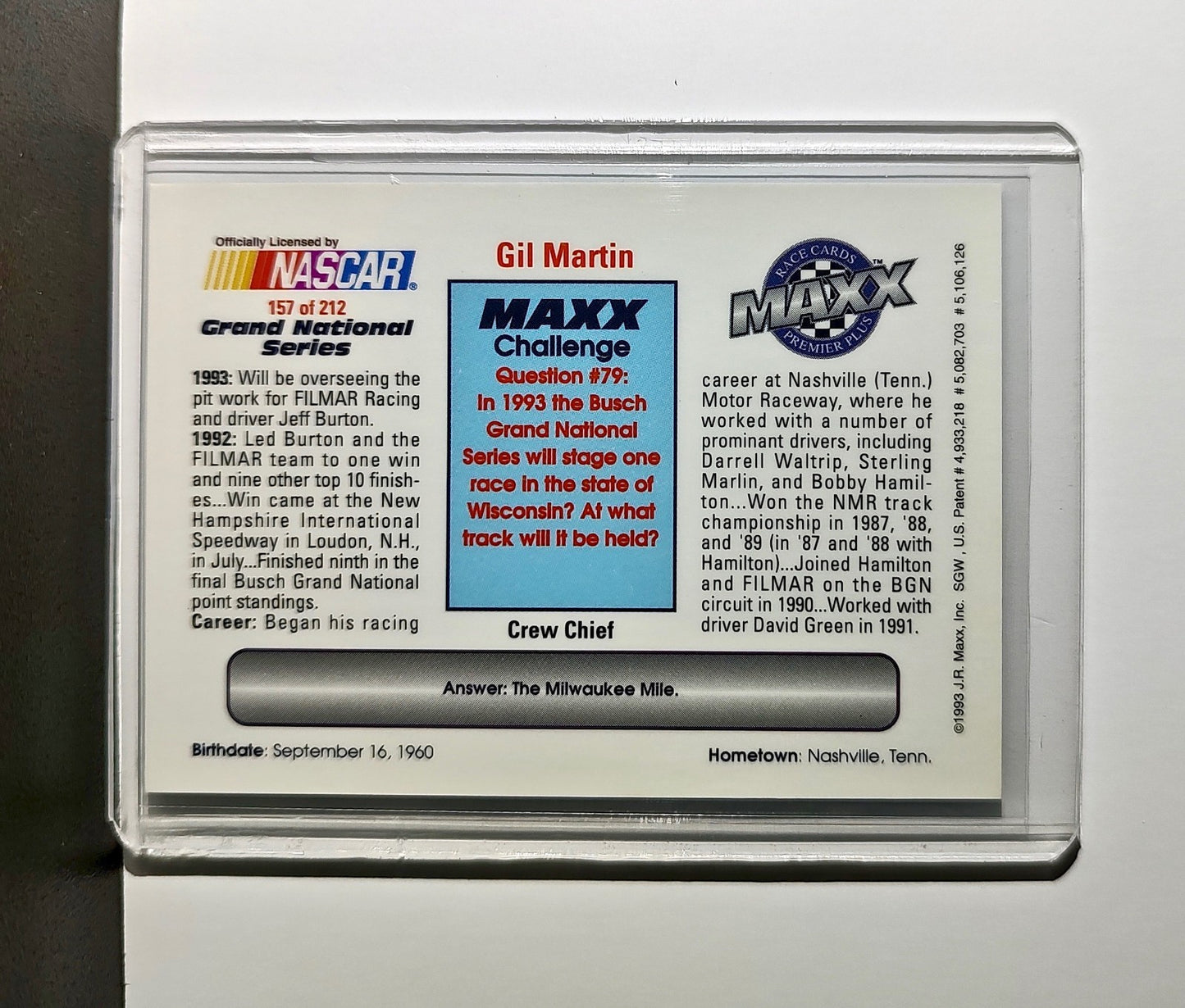 Gil Martin 1993 Maxx Premier Plus Racing #157 NASCAR Card FILMAR Racing