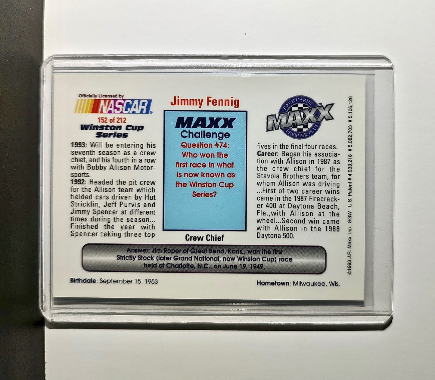 Jimmy Fennig 1993 Maxx Premier Plus Racing #152 NASCAR Card Bobby Allison Racing