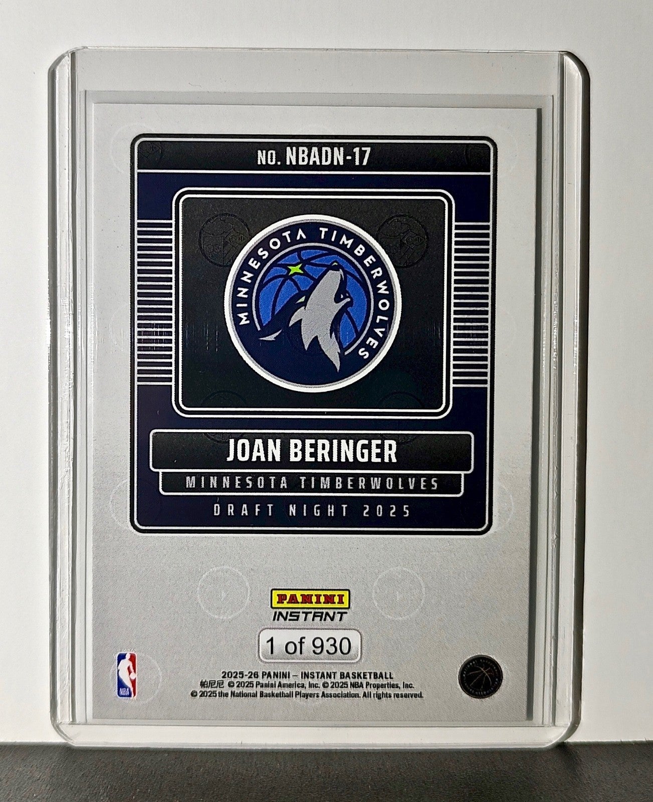 Joan Beringer Rookie 2025-26 Panini NBA #17 Draft Night Minnesota Timberwolves