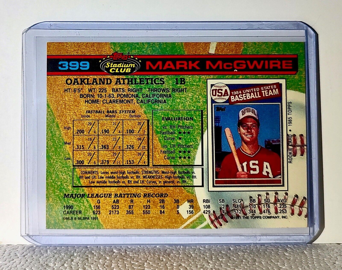 Mark McGwire 1991 Topps MLB #399 Stadium Club Baseball Card Oakland Athletics