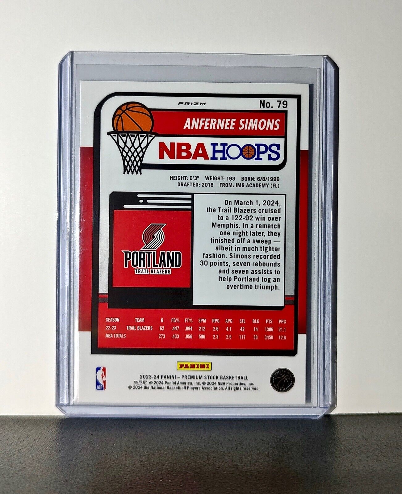 Anfernee Simons 2023-24 Panini Premium Stock NBA Hoops #79 Prizm Refractor Card