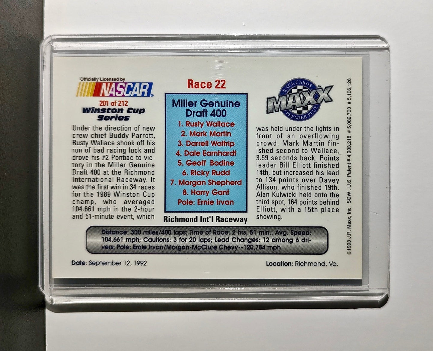 Race 22 Richmond YR 1993 Maxx Premier Plus Racing #201 NASCAR Card Penske Racing