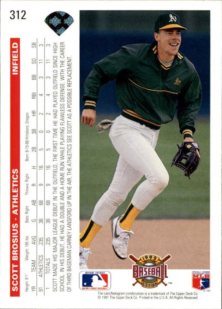 Scott Brosius 1992 Upper Deck MLB #312 Rookie Baseball Card Oakland Athletics