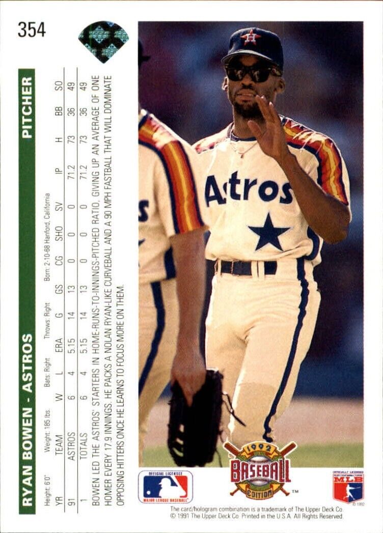 Ryan Bowen 1992 Upper Deck MLB #354 Baseball Card Houston Astros