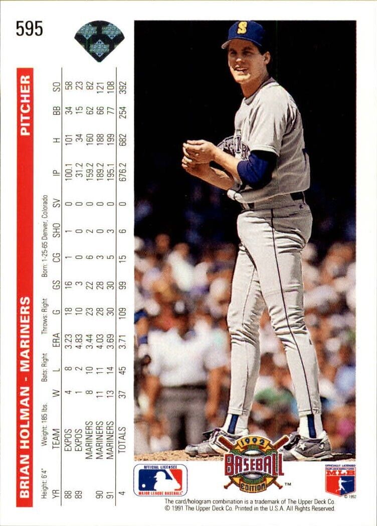 Brian Holman 1992 Upper Deck MLB #595 Baseball Card Seattle Mariners