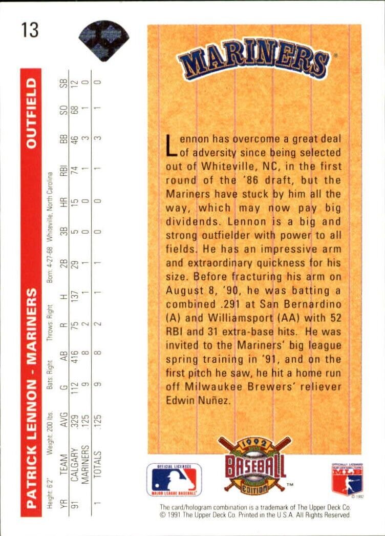 Patrick Lennon 1992 Upper Deck MLB #13 Star Rookies Card Seattle Mariners