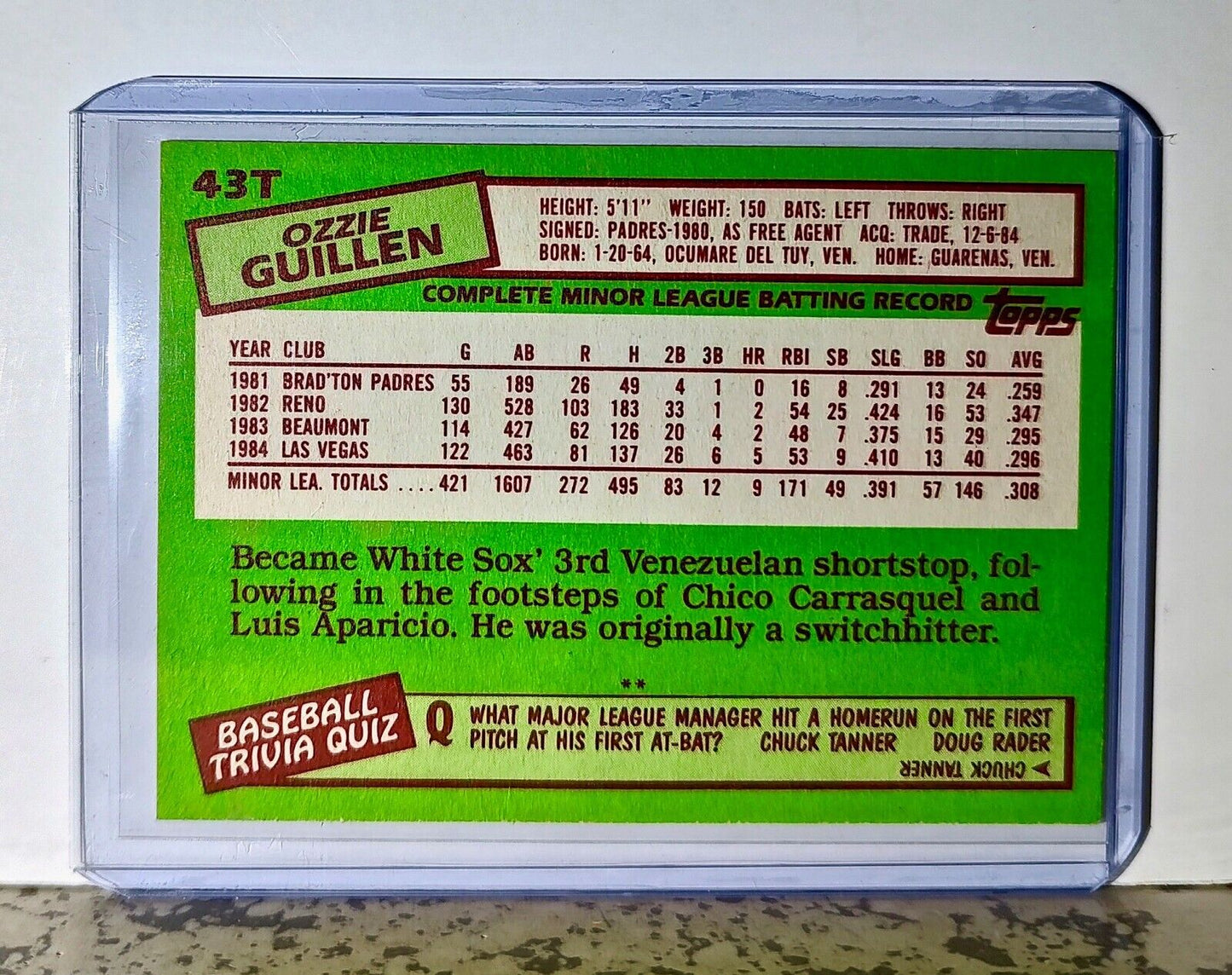 Ozzie Guillen 1985 Topps MLB #43T Baseball Card Chicago White Sox