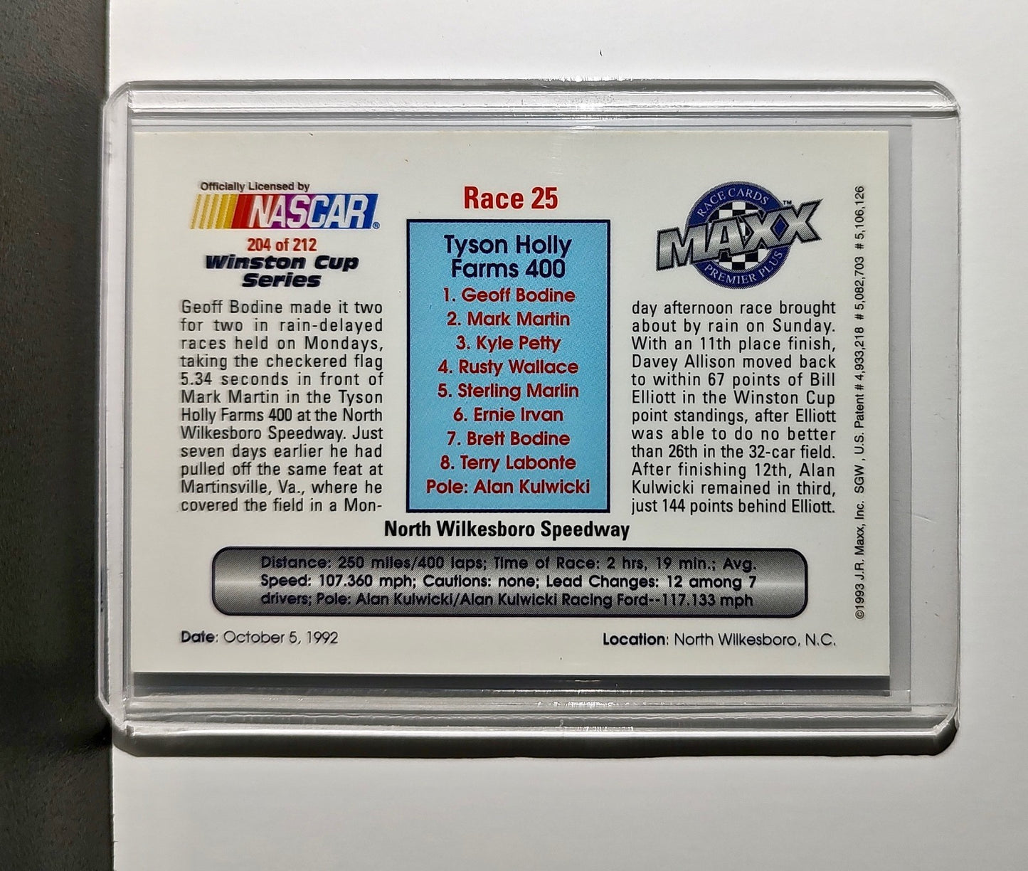 Race 25 North Wilkesboro YR 1993 Maxx Premier Plus Racing #204 NASCAR Card